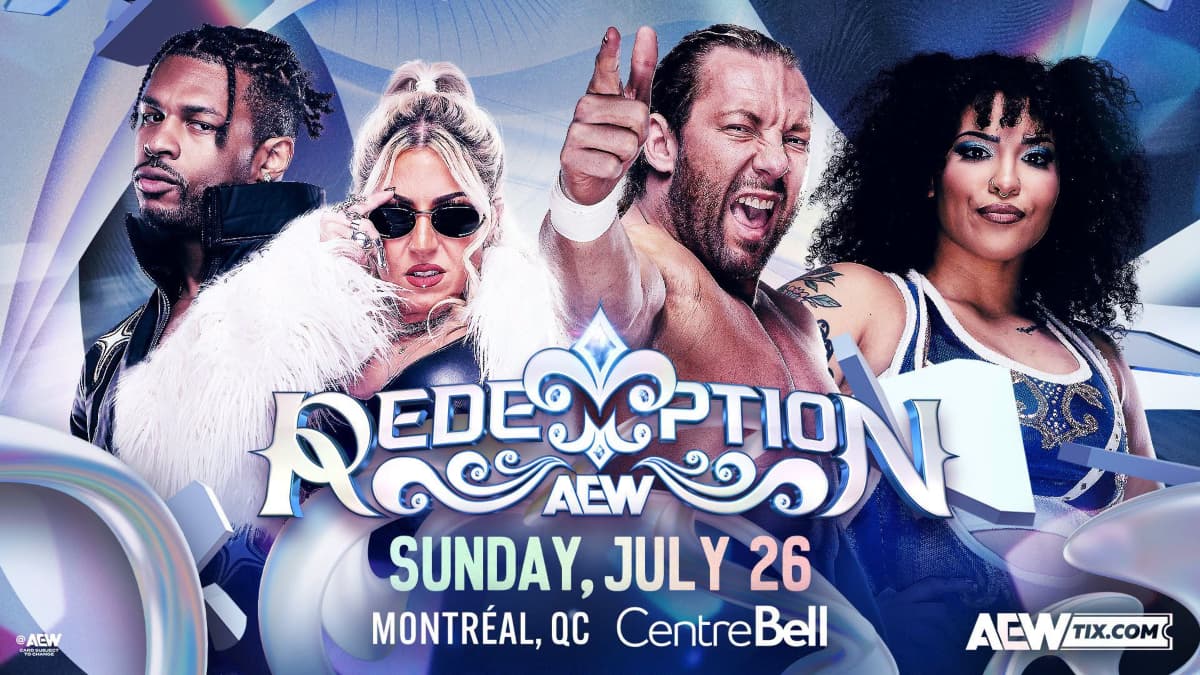 Poster for AEW Redemption 2026 featuring, from left to right, Kevin Knight, Thekla, Kenny Omega, and Willow Nightingale