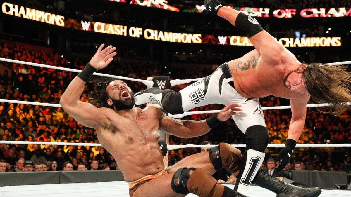 Jinder Mahal hitting a kick to Jinder Mahal at WWE Clash of Champions 2017