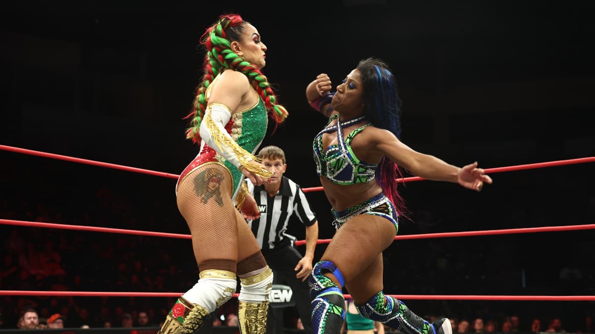 Athena going for a punch to Thunder Rosa on AEW Collision