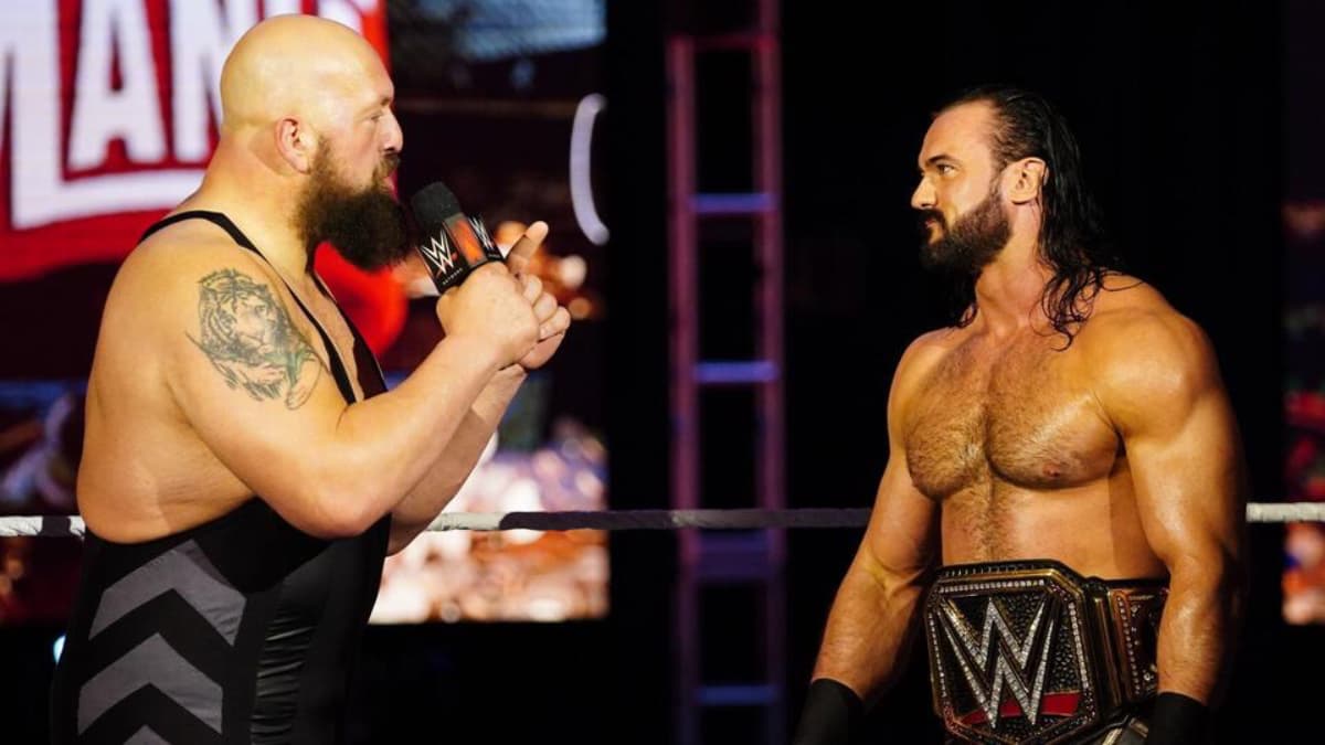 The Big Show cutting a promo while looking at Drew McIntyre at WrestleMania 36