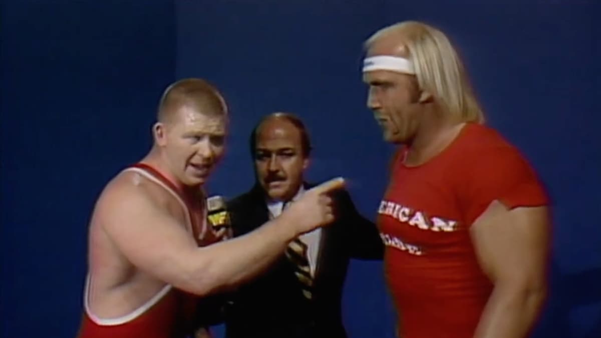 Hulk Hogan and Bob Backlund being interviewed by Gene Okerlund