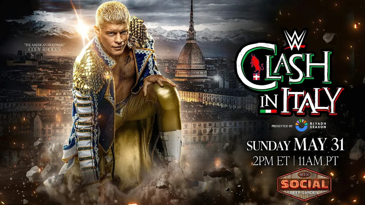 Poster for WWE Clash in Italy 2026 featuring Cody Rhodes kneeling in front of a cityscape