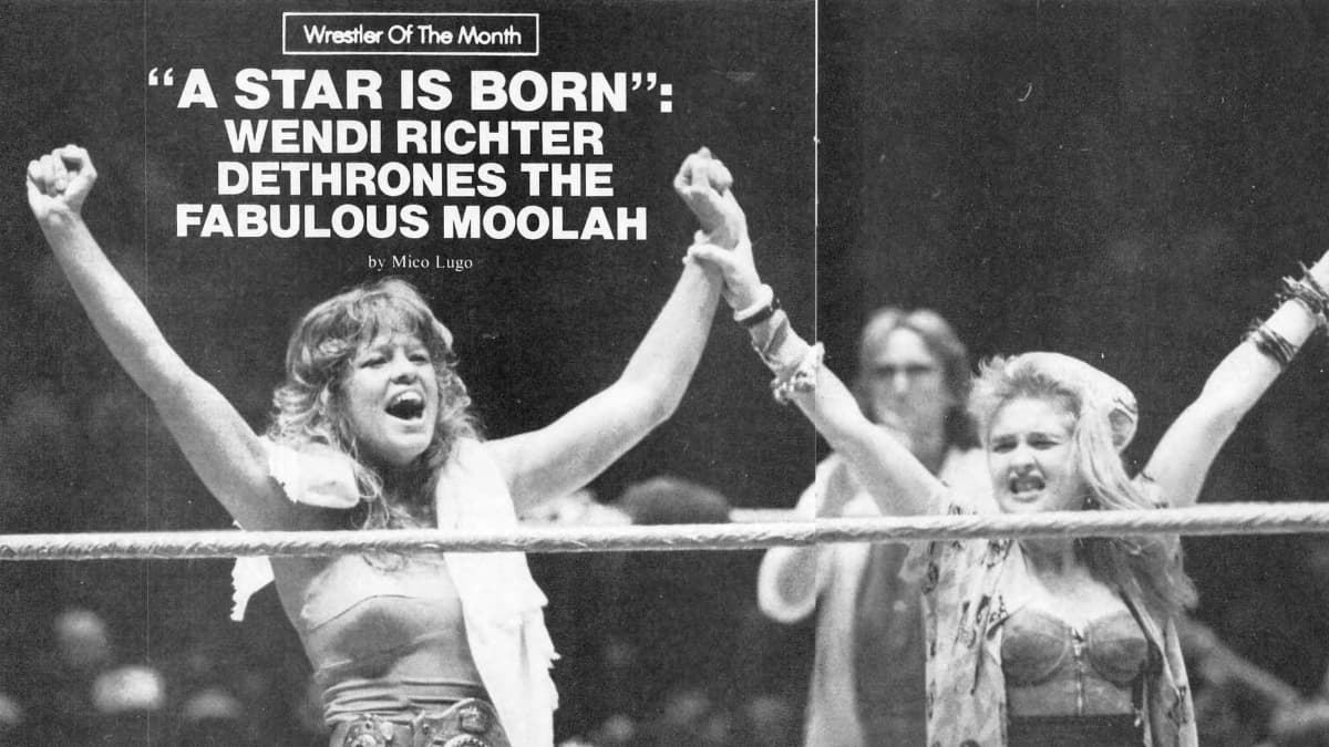 Wendi Richter and Cyndi Lauper celebrating at WWF Brawl To End It All