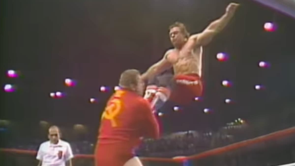 Dynamite Kid hitting a missile dropkick to Nikolai Volkoff
