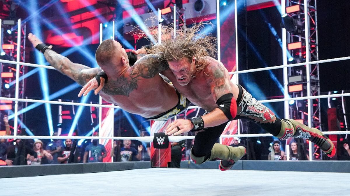 Edge hitting a Rock Bottom to Randy Orton at WWE Backlash 2020