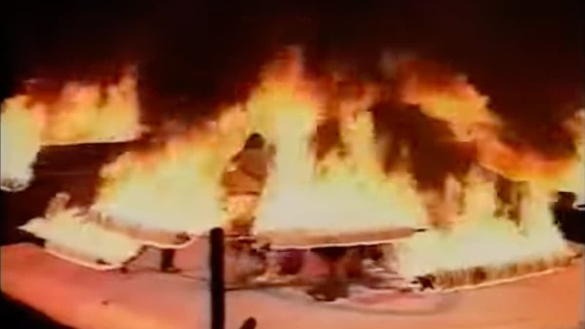 Pro wrestling ring engulfed in flames in FMW