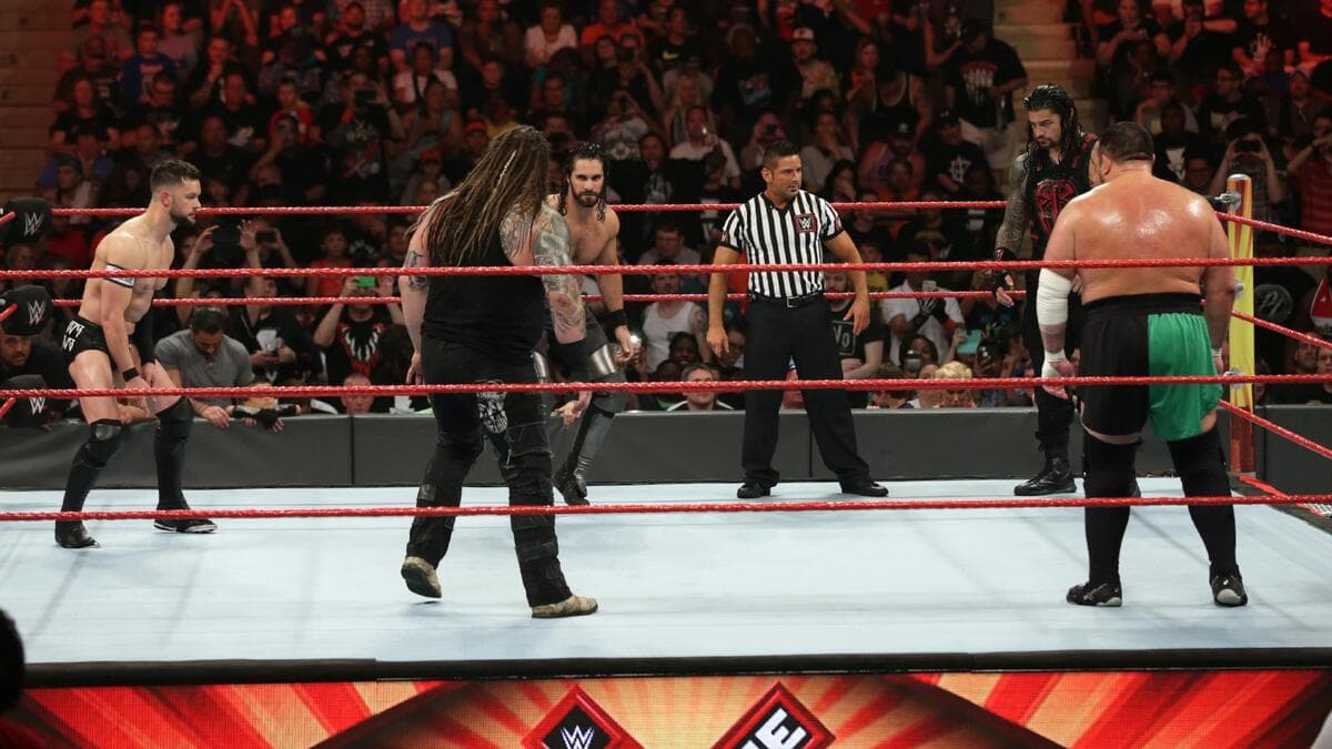 The five-way wrestlers standing around in the ring at WWE Extreme Rules 2017