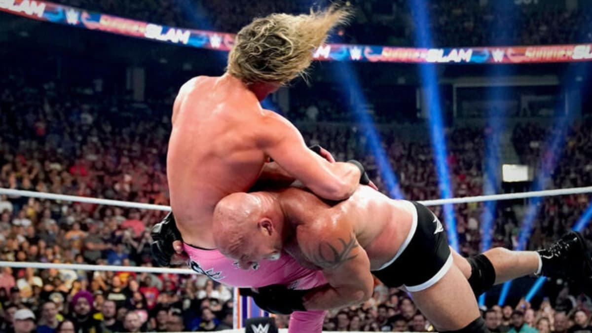 Goldberg spearing Dolph Ziggler at SummerSlam 