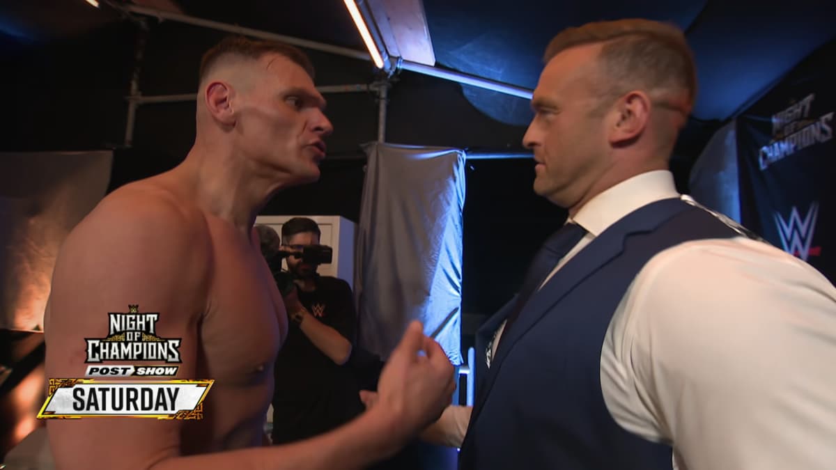 Gunther and Nick Aldis face to face backstage at WWE Night of Champions 2026