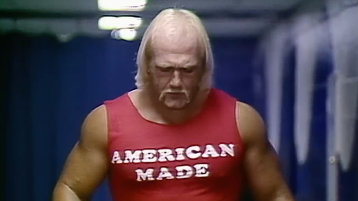 Hulk Hogan wearing a red 'American Made' vest before his WWF Title win in 1984