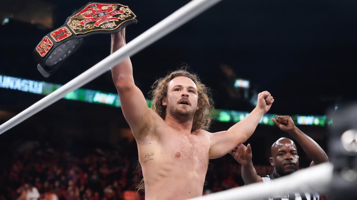 Jack Perry holding up the AEW National Title at Dynasty 2026