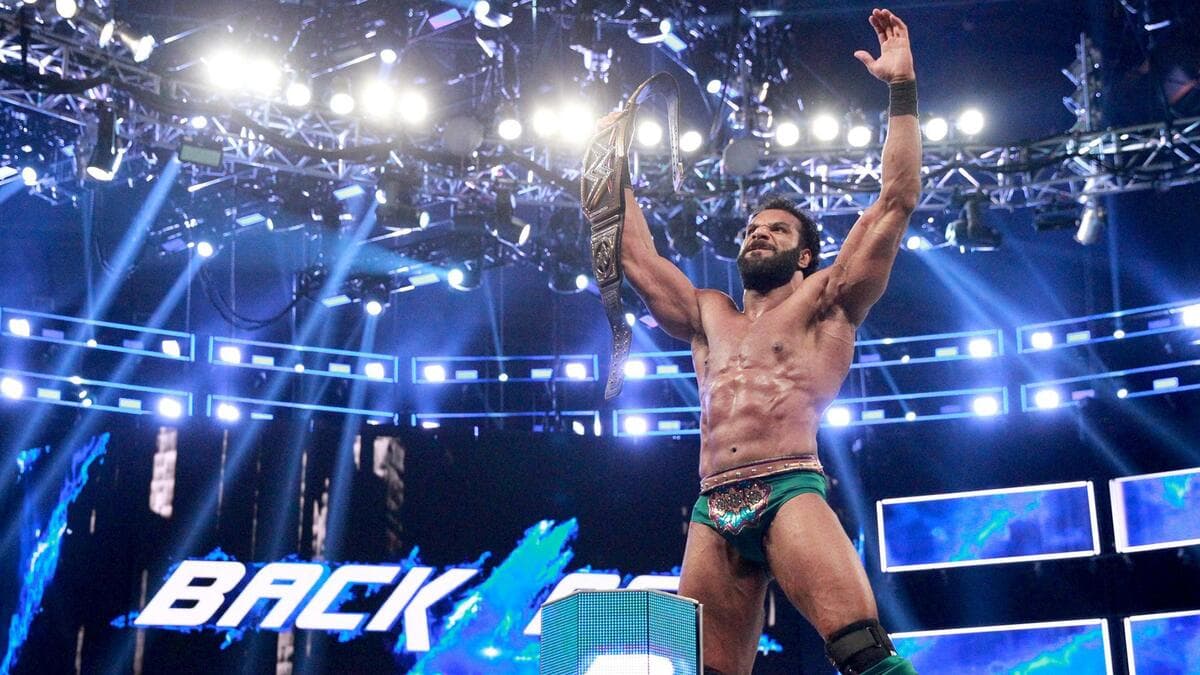 Jinder Mahal celebrating with the WWE Title at Backlash 2017