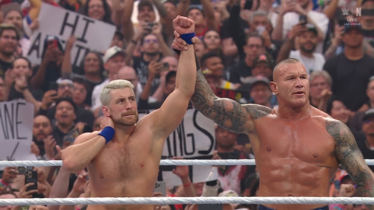 Randy Orton raising Joe Hendry's arm at WWE WrestleMania 41