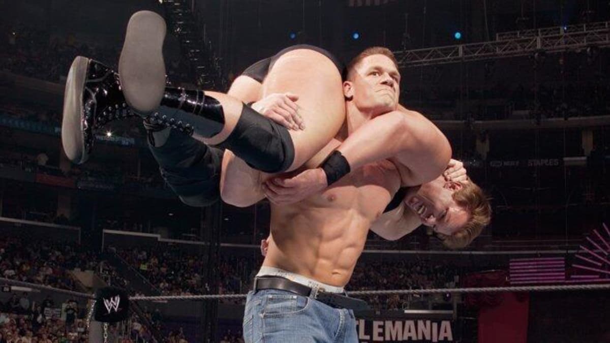John Cena about to hit an FU on JBL at WWE WrestleMania 21