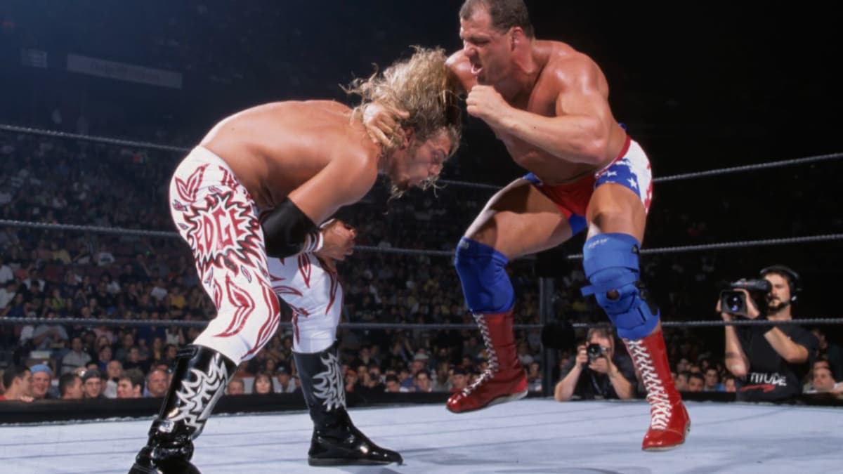 Shane McMahon and Edge grappling at WWE King of the Ring 2001