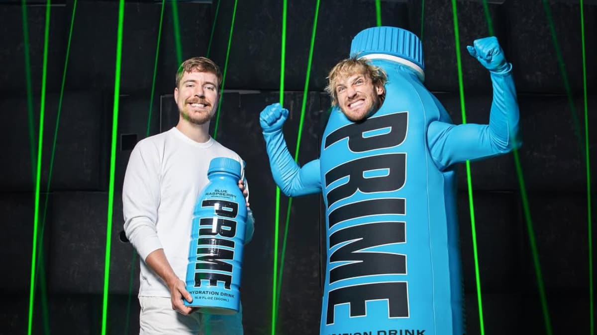 Logan Paul dressed as a giant PRIME bottle with MrBeast 