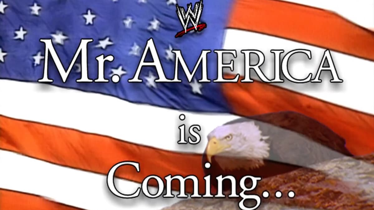 An American Flag with an eagle in front of it next to the letters 'Mr. America is Coming' 