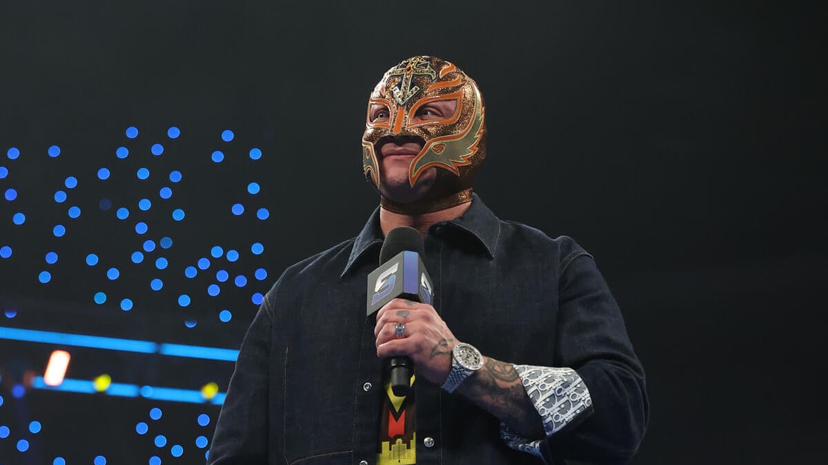 Rey Mysterio in a blue denim jacket at WWE WrestleMania 41