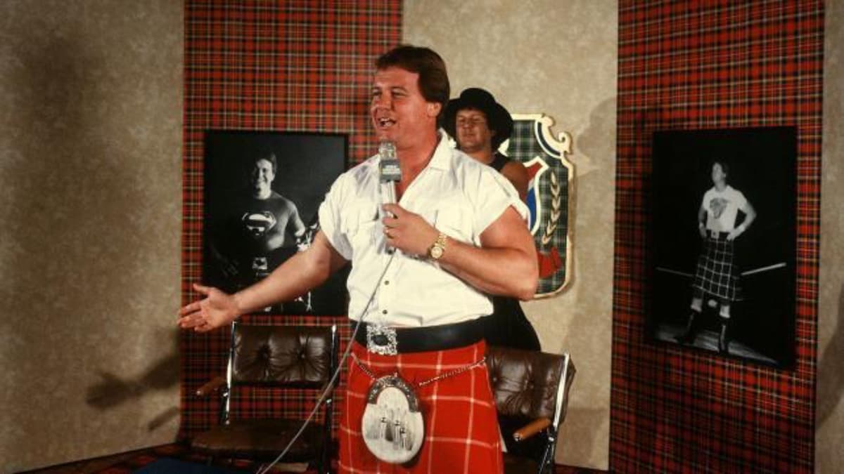 Roddy Piper on Piper's Pit with Bob Orton standing behind him