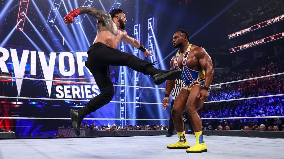 Roman Reigns about to hit a Superman Punch to Big E at WWE Survivor Series 2021