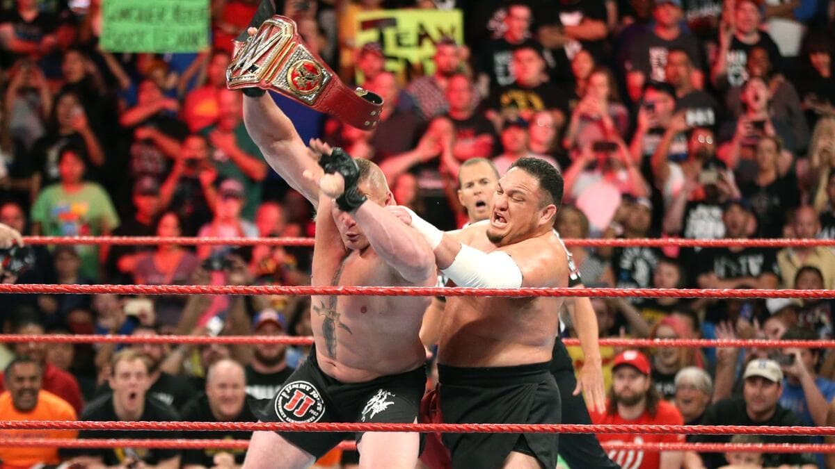 Samoa Joe striking Brock Lesnar on the back of the head at WWE Great Balls of Fire