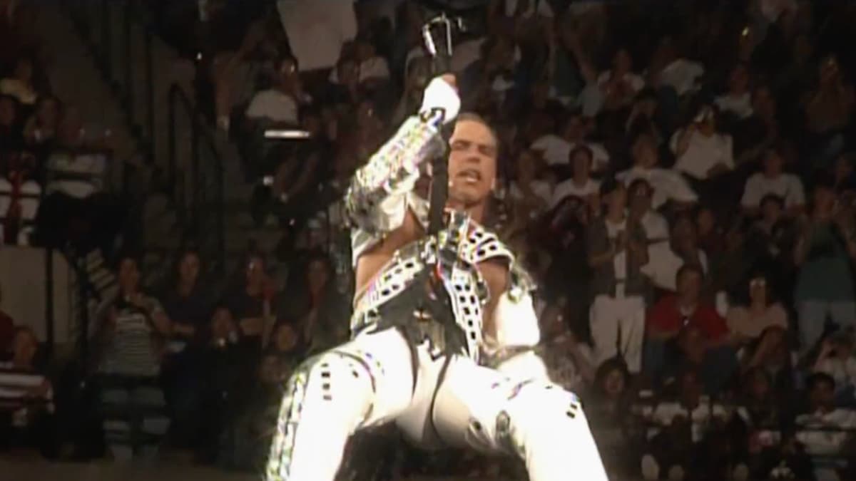 Shawn Michaels on a zipline to the ring at WWE WrestleMania XII