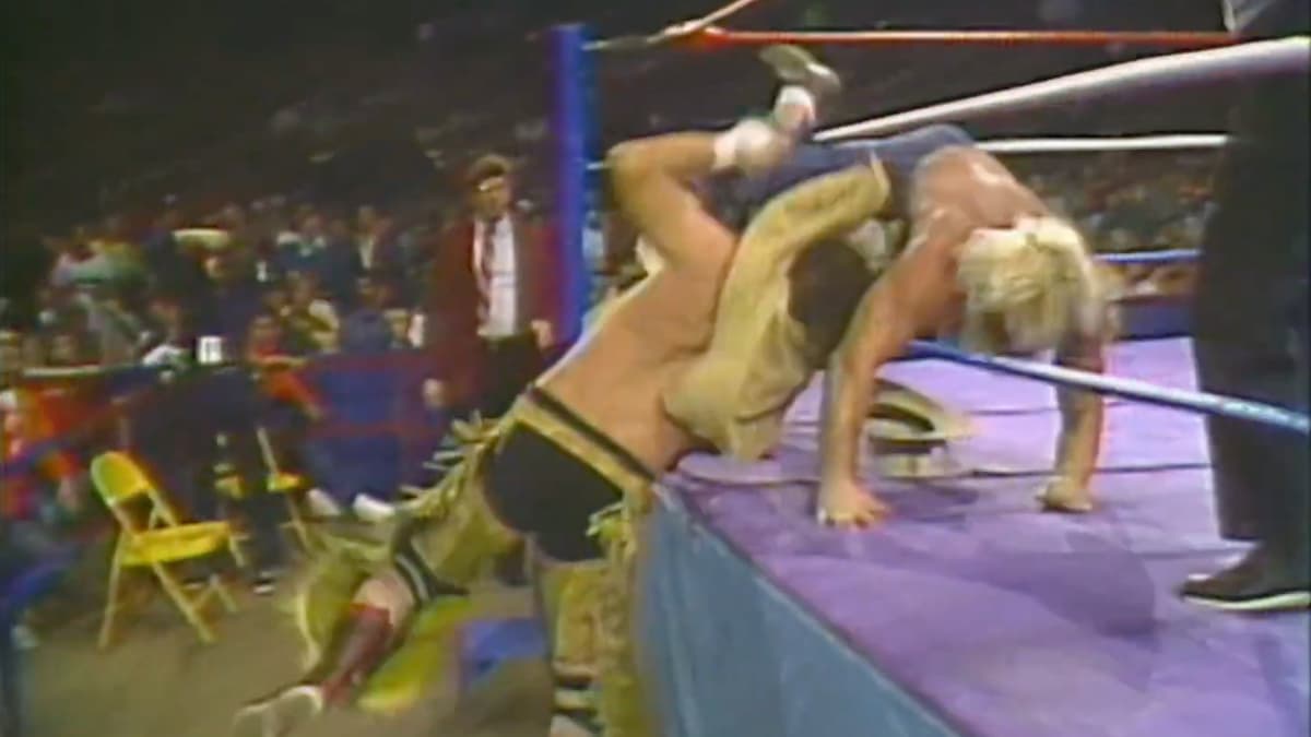 Terry Funk helping Moondog Spot into the ring at WWF The Wrestling Classic