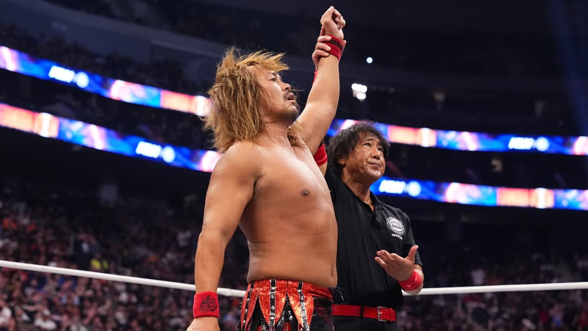 Tetsuya Naito with his arm raised following a win at AEW x NJPW Forbidden Door 2024