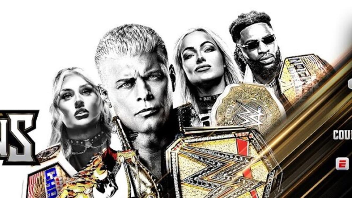Part of WWE Night of Champions poster with Tiffany Stratton, Cody Rhodes, Liv Morgan, and Trick Williams going from left to right