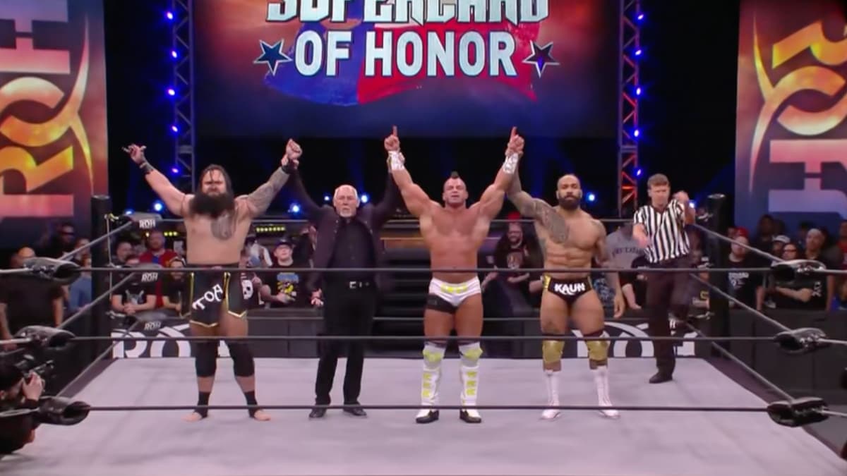 From left to right, Toa Liona, Tully Blanchard, Brian Cage and Bishop Kaun with their arms raised while standing in the ring at ROH Supercard of Honor 2022