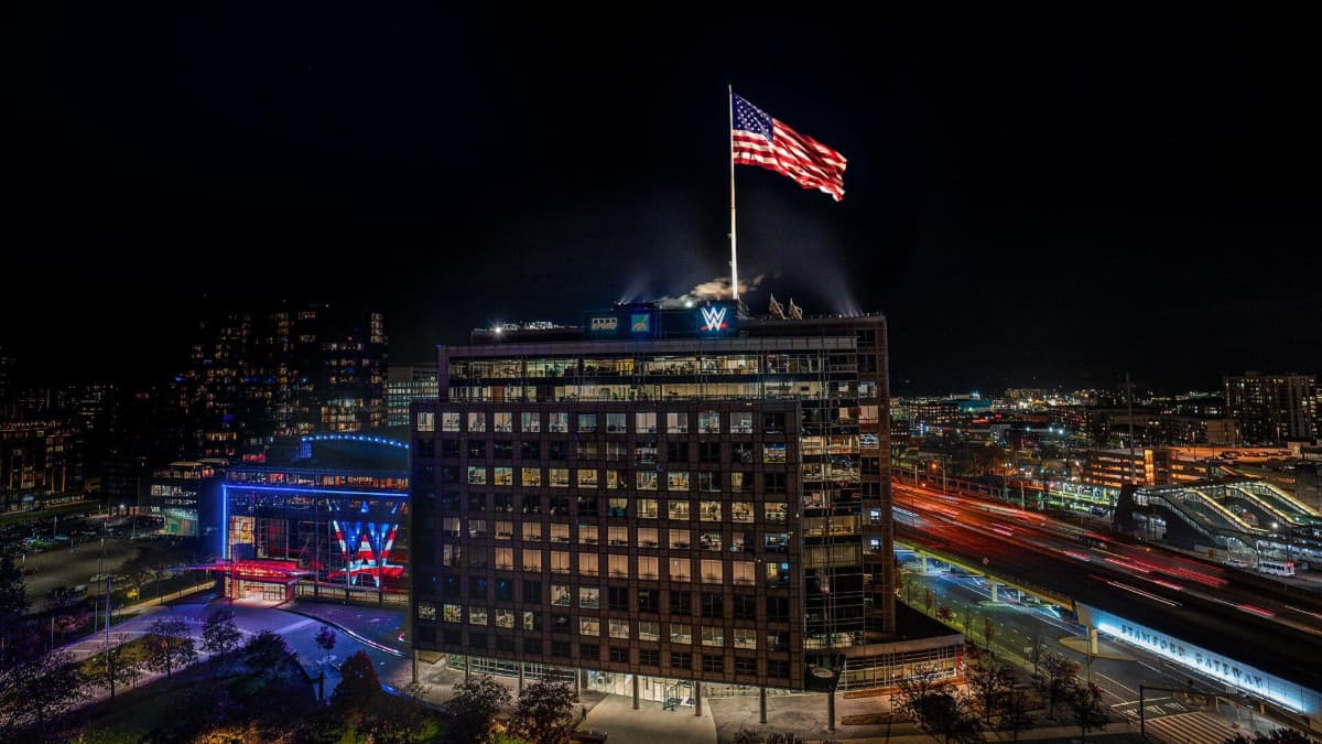 WWE HQ with giant US flag