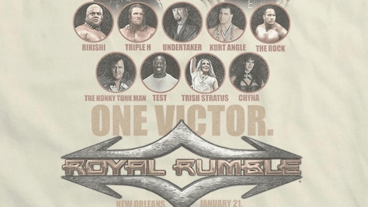 Cross section of WWE Royal Rumble 2001 t-shirt with Titus O'Neil pictured as Test