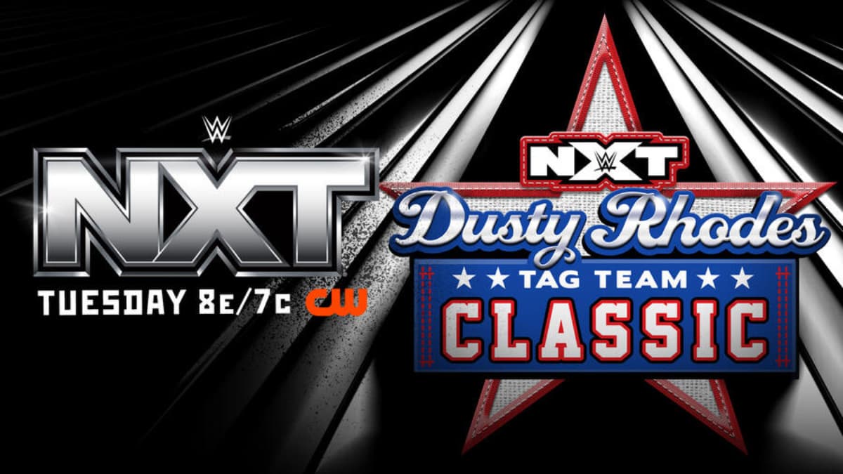 Logos for WWE NXT and the Dusty Rhodes Tag Team Classic alongside each other