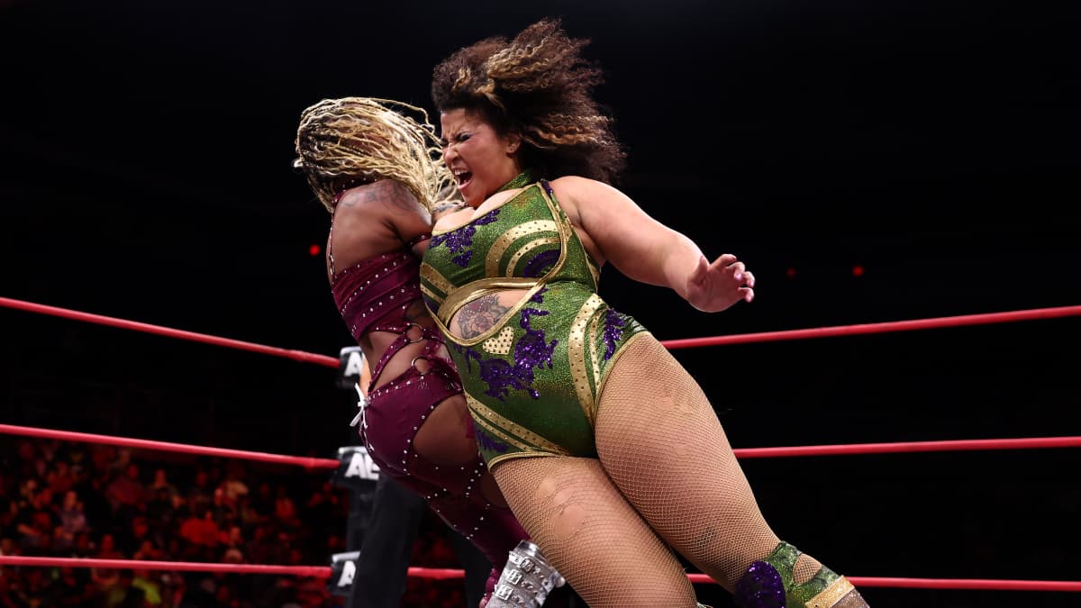 Willow Nightingale hitting Red Velvet with a shoulder charge on AEW Collision