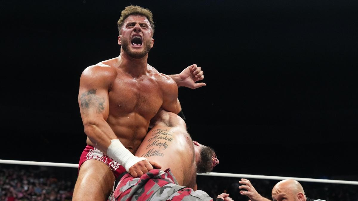 MJF with Mark Briscoe in an abdominal stretch on August 6, 2025 episode of AEW Dynamite