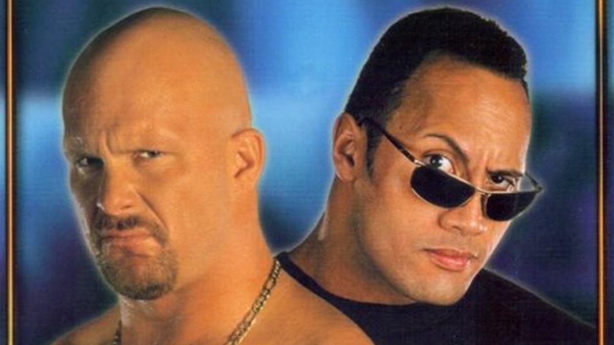 Steve Austin on the left and The Rock on the right wearing sunglasses while lifting his trademark eyebrow on the box of WrestleMania X-Seven DVD