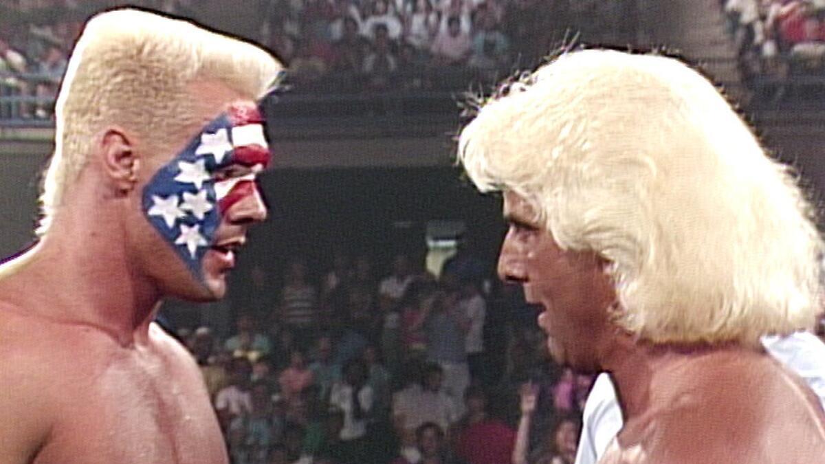 Sting facing off with Ric Flair at Great American Bash 1990