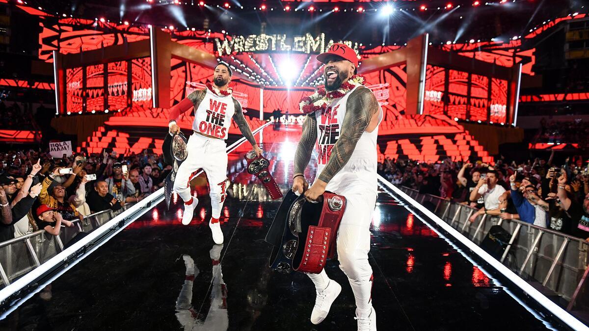 The Usos walking down the ramp at WWE WrestleMania 39