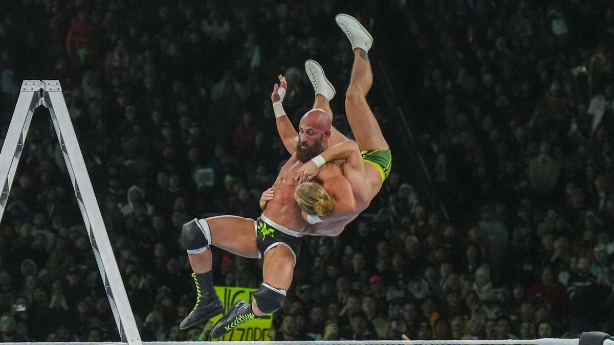 Tommaso Ciampa hitting an Air Raid Crash on Tyler Bate at WWE WrestleMania 40