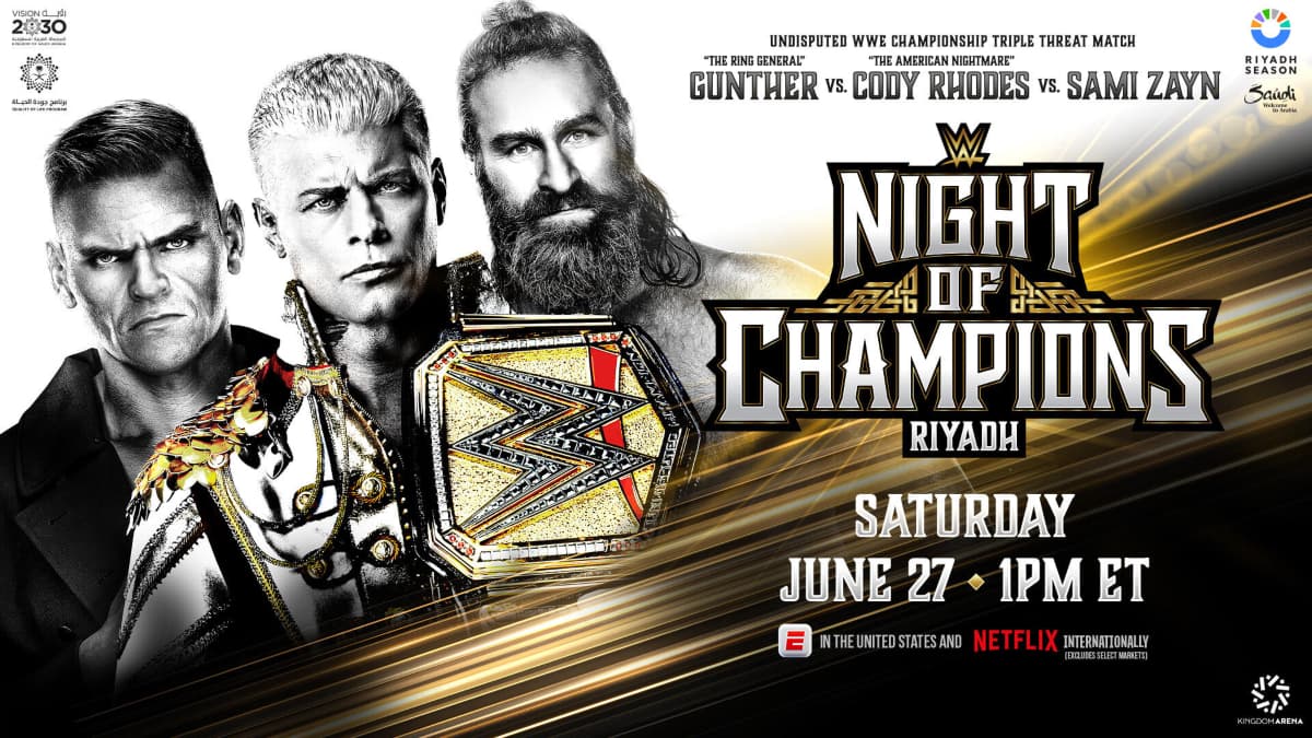 Poster for Cody Rhodes vs. Sami Zayn vs. Gunther at WWE Night of Champions 2026