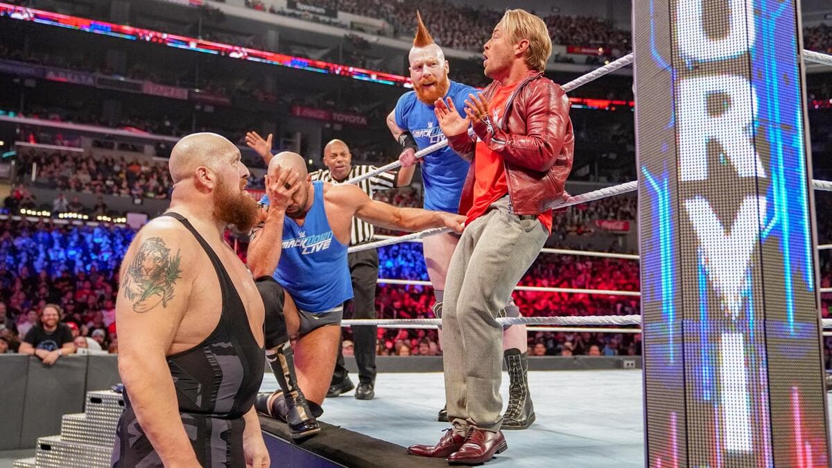 Big Show, Sheamus and Cesaro laugh at Drake Maverick, who has peed his pants