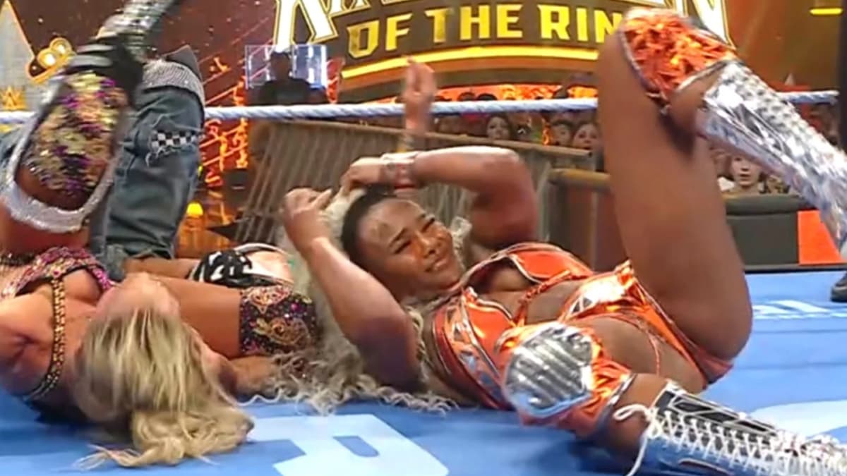 Jade Cargill as her wig comes off on WWE SmackDown