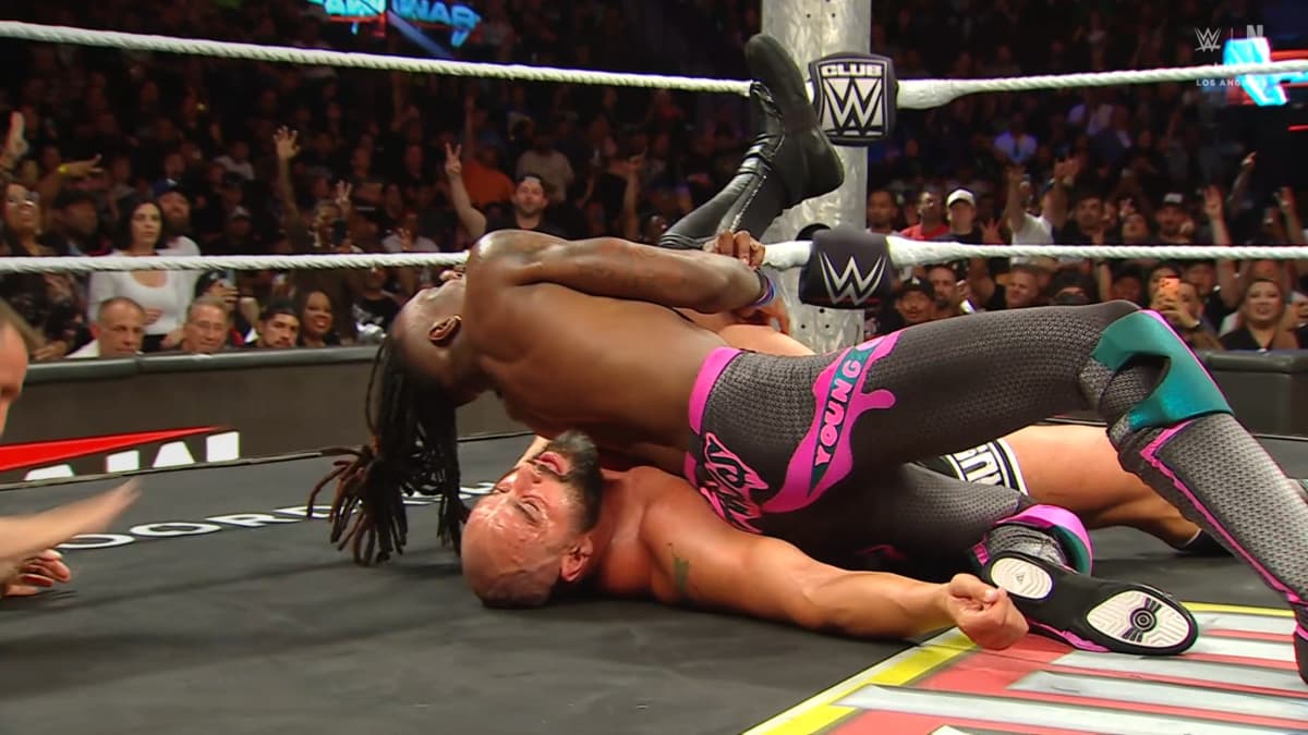 Rusev being pinned by Je'Von Evans on WWE Raw