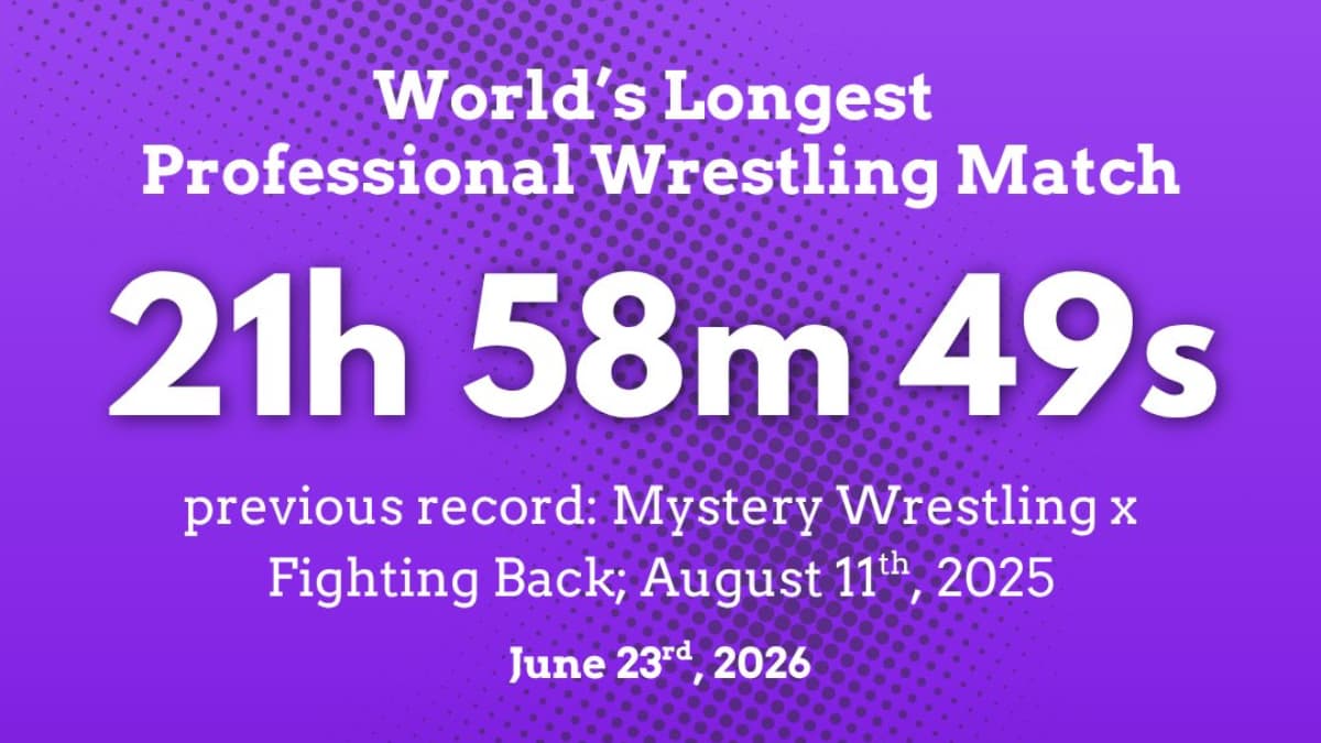 Graphic displaying that Mystery Wrestling had set the record for longest pro wrestling match in history