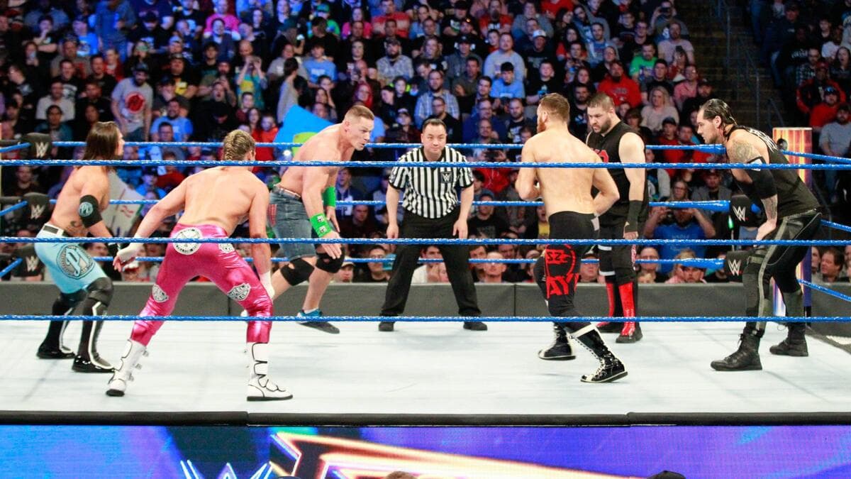 Six-Pack Challenge wrestlers facing each other in the ring at WWE Fastlane 2018