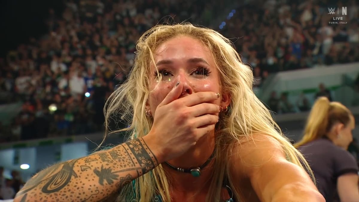 Sol Ruca looking shocked at WWE Clash in Italy
