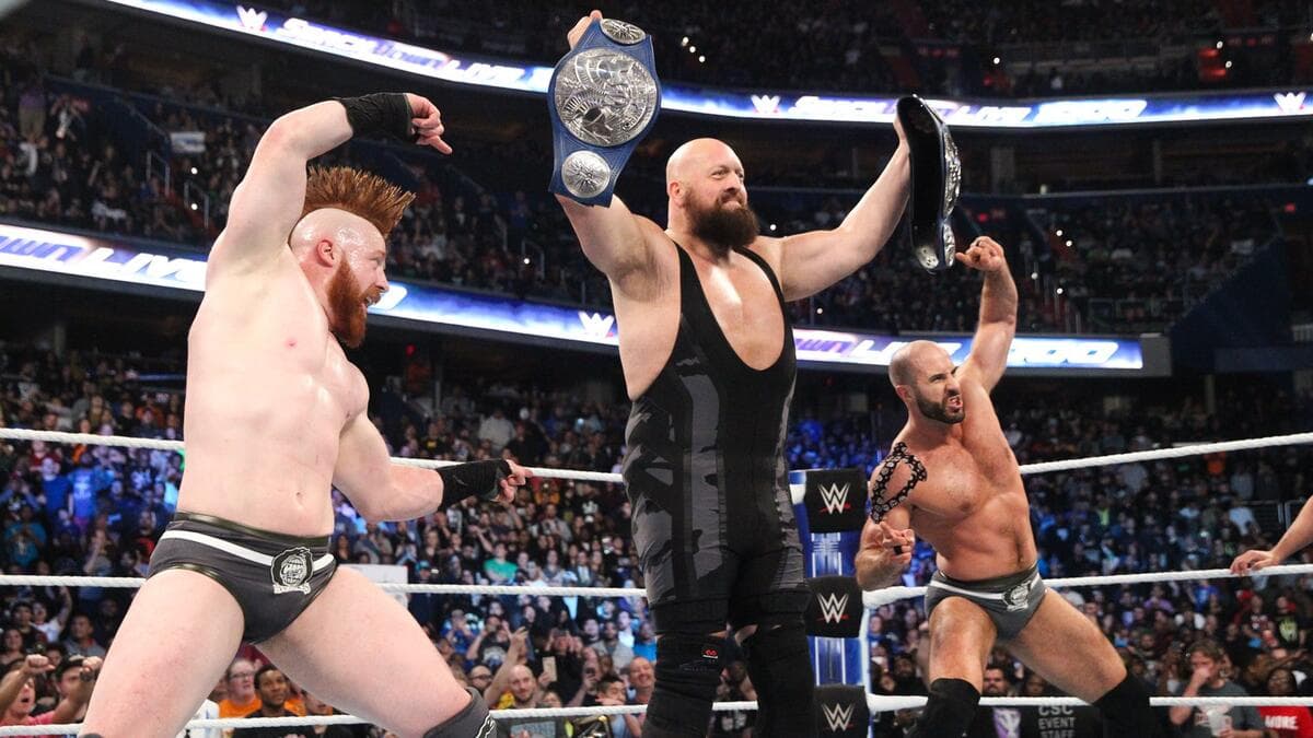 The Big Show and The Bar celebrating with the SmackDown Tag Team Titles at SmackDown 1000