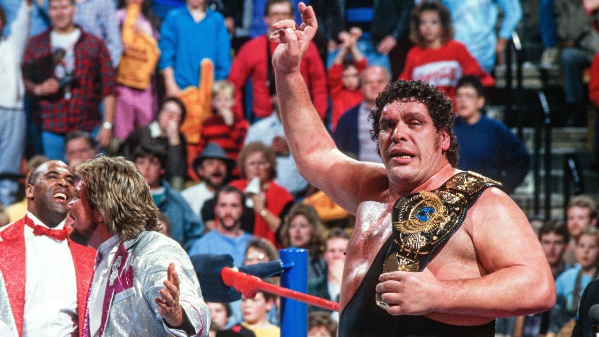 Andre the Giant with the WWE Title after winning the belt from Hulk Hogan at WWF The Main Event in February 1988