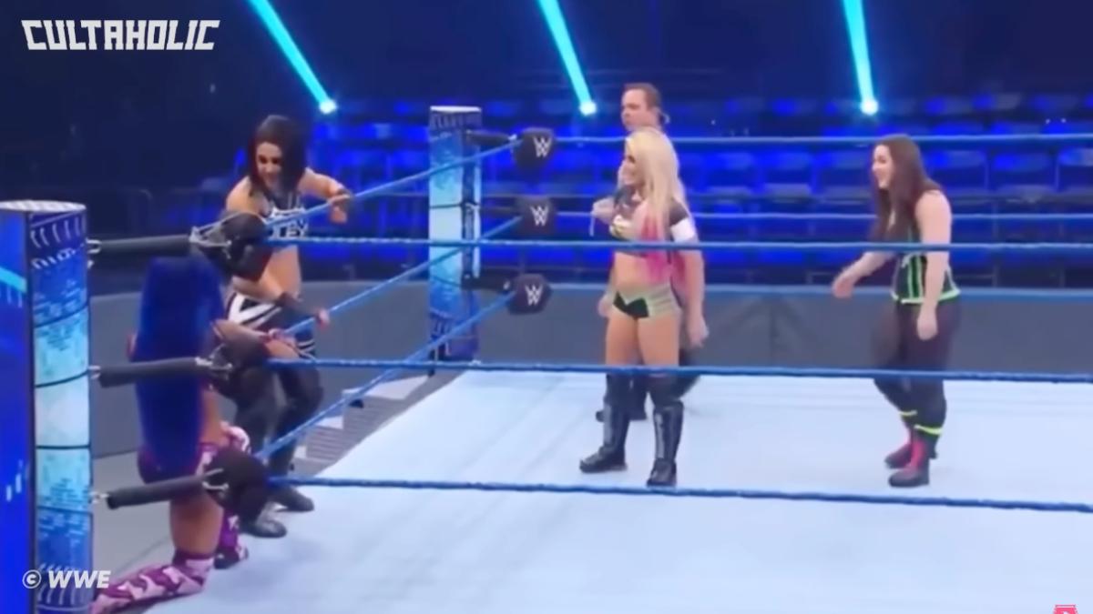 Bayley, Sasha Banks, Alexa Bliss and Nikki Cross stood around in the WWE SmackDown ring during commercial break on March 13, 2020 episode of WWE SmackDown