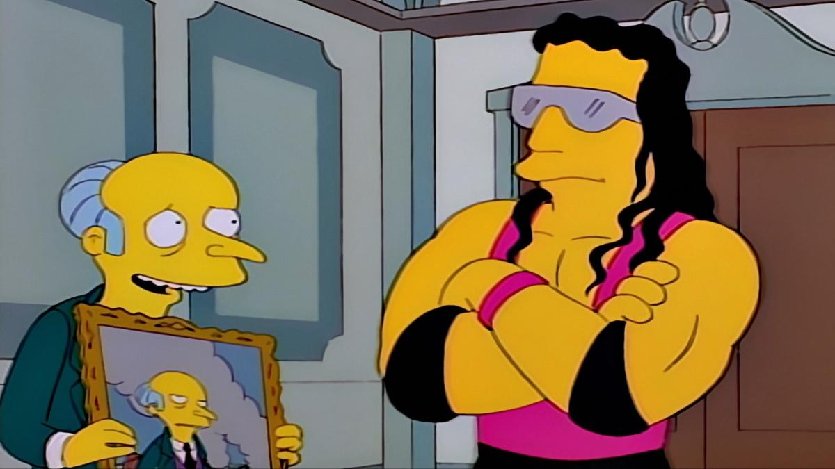 Bret Hart looking unimpressed with a portrait of Mr. Burns being held by Burns